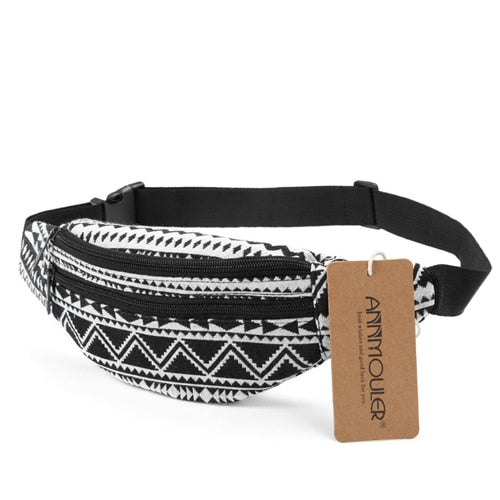 Annmouler New Women Fanny Pack 8 Colors Fabric Waist Packs Bohemian Style Waist Bag 2 Pocket Waist Belt Bag Travel Phone Pouch - NAKHIL