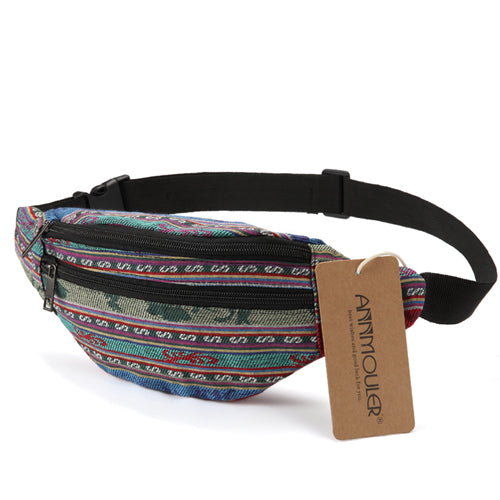 Annmouler New Women Fanny Pack 8 Colors Fabric Waist Packs Bohemian Style Waist Bag 2 Pocket Waist Belt Bag Travel Phone Pouch - NAKHIL