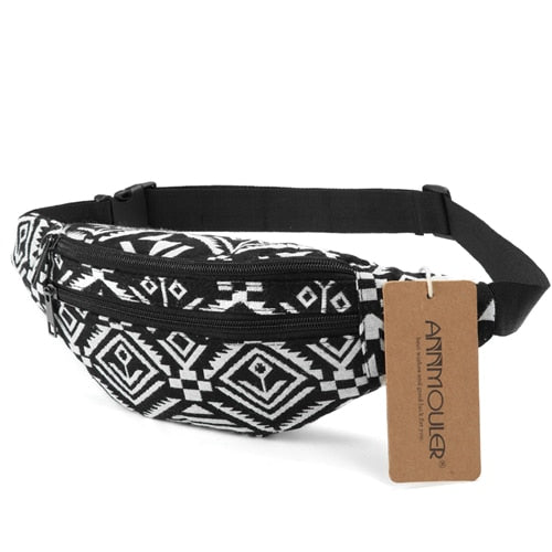 Annmouler New Women Fanny Pack 8 Colors Fabric Waist Packs Bohemian Style Waist Bag 2 Pocket Waist Belt Bag Travel Phone Pouch - NAKHIL