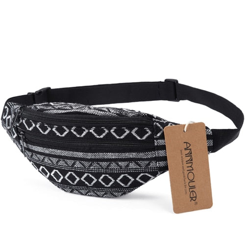 Annmouler New Women Fanny Pack 8 Colors Fabric Waist Packs Bohemian Style Waist Bag 2 Pocket Waist Belt Bag Travel Phone Pouch - NAKHIL