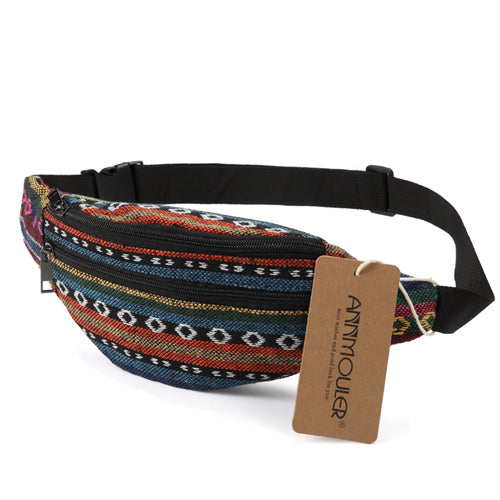 Annmouler New Women Fanny Pack 8 Colors Fabric Waist Packs Bohemian Style Waist Bag 2 Pocket Waist Belt Bag Travel Phone Pouch - NAKHIL