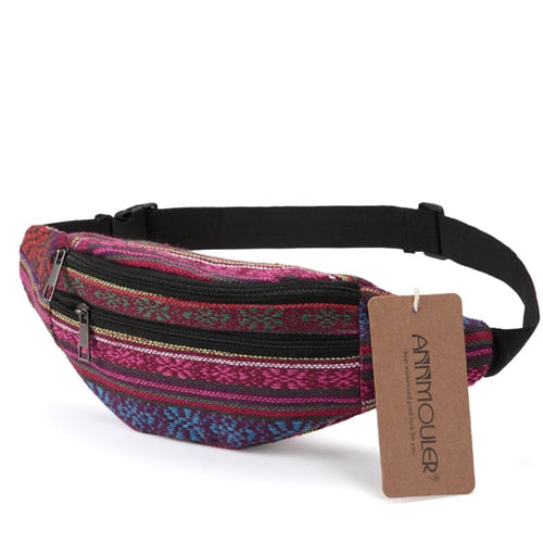 Annmouler New Women Fanny Pack 8 Colors Fabric Waist Packs Bohemian Style Waist Bag 2 Pocket Waist Belt Bag Travel Phone Pouch - NAKHIL