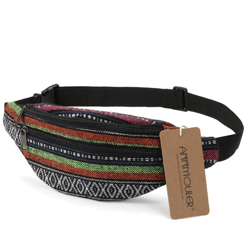 Annmouler New Women Fanny Pack 8 Colors Fabric Waist Packs Bohemian Style Waist Bag 2 Pocket Waist Belt Bag Travel Phone Pouch - NAKHIL