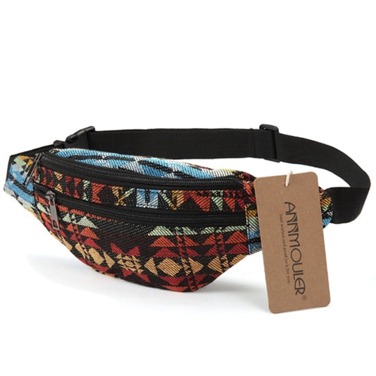 Annmouler New Women Fanny Pack 8 Colors Fabric Waist Packs Bohemian Style Waist Bag 2 Pocket Waist Belt Bag Travel Phone Pouch - NAKHIL