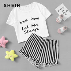 Matching Family Outfits Crop Tee & Frilled Hem Striped PJ Set Summer Cute Mother Daughter Nightwear - NAKHIL