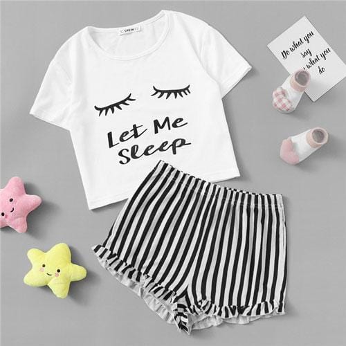 Matching Family Outfits Crop Tee & Frilled Hem Striped PJ Set Summer Cute Mother Daughter Nightwear - NAKHIL